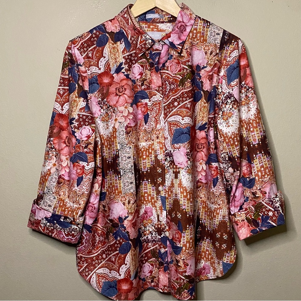 Chico’s No-Iron Tapestry Blouse Women Size 12 Pink Blue Floral Paisley Office